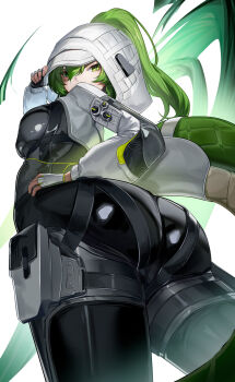 1girl absurdres aoi_wakashi_chiyo arknights arknights:_endfield ass ass_focus black_bodysuit bodysuit fingerless_gloves fluorite_(arknights) from_behind from_below gloves green_eyes green_hair hand_on_own_hip highres hood hood_up hooded_shrug long_hair long_sleeves looking_at_viewer looking_down ponytail shrug_(clothing) skin_tight snake_girl snake_tail solo tail white_gloves