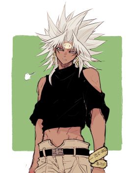 1boy bare_shoulders belt belt_buckle black_belt black_shirt bracelet buckle cowboy_shot dark-skinned_male dark_skin earrings facial_mark forehead_mark highres jewelry looking_at_viewer male_focus midriff pants parted_lips piercing puff_of_air shirt solo spiked_hair toned toned_male white_hair yagamikan yami_marik yu-gi-oh! yu-gi-oh!_duel_monsters