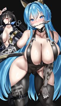 2girls absurdres arm_up bandaged_fingers bandages bare_shoulders between_fingers black_background black_bodysuit black_choker black_gloves black_hair blue_eyes blue_hair blunt_bangs blush bodysuit braid breasts card card_between_fingers catsuit choker cleavage clothing_cutout collarbone collared_bodysuit commentary cosplay covered_navel cowboy_shot delta_(nikke) delta_(nikke)_(cosplay) delta_(ninja_thief)_(nikke) elbow_gloves fary5 full-length_zipper gloves gluteal_fold goddess_of_victory:_nikke grin groin hair_between_eyes hair_intakes hand_on_own_thigh headgear helm_(nikke) highres hip_vent holding holding_card holding_weapon knife_in_mouth kunai large_breasts latex latex_bodysuit leaning_forward long_hair looking_at_viewer multiple_girls navel ninja ninjatou open_bodysuit open_clothes partially_unzipped playing_card quency_(escape_queen)_(nikke) quency_(nikke) quency_(nikke)_(cosplay) red_eyes scroll short_sword sidelocks simple_background skindentation sleeveless sleeveless_bodysuit smile sora_(nikke) standing sword thigh_strap twintails weapon weapon_in_mouth zipper