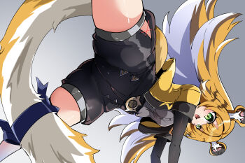 1girl animal_ear_fluff animal_ears black_gloves black_shirt black_shorts blonde_hair blue_bow blush bow breasts caseee999 colored_inner_hair cropped_jacket elbow_gloves fang feet_out_of_frame from_below gloves green_eyes grey_background high-waist_shorts highres jacket ju_fufu loli long_hair looking_at_viewer multicolored_hair open_mouth shirt short_sleeves shorts simple_background small_breasts smile solo tail tail_bow tail_ornament thighs tiger_ears tiger_girl tiger_tail two-tone_hair very_long_hair white_hair yellow_jacket zenless_zone_zero