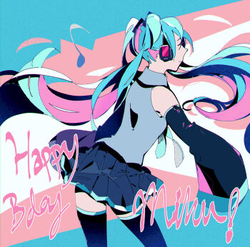 aqua_hair black_skirt commentary_request cowboy_shot detached_sleeves english_text happy_birthday hatsune_miku headphones highres idk-kun long_hair multicolored_hair shirt skirt sleeveless sleeveless_shirt thighhighs twintails two-tone_hair vocaloid wide_sleeves zettai_ryouiki