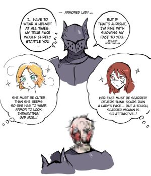 1girl armor blonde_hair censored closed_mouth commentary cross_scar disfigured english_commentary full_armor helm helmet mopan original red_eyes red_hair scar scar_on_face sparkle