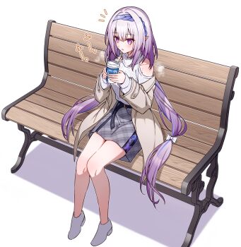 Rule 34 | 1girl, animal print, aran sweater, bare shoulders, belt, bench, blue hair, bow, bright pupils, brown jacket, butterfly print, cable knit, castorice (honkai: star rail), castorice (luckin coffee) (honkai: star rail), clothing cutout, commentary request, cup, disposable coffee cup, disposable cup, full body, grey shoes, grey skirt, headband, highres, holding, holding cup, honkai: star rail, honkai (series), jacket, long hair, long sleeves, low-tied long hair, multicolored hair, off shoulder, official alternate costume, on bench, open clothes, open jacket, park bench, parted lips, plaid clothes, plaid skirt, pointy ears, puffy long sleeves, puffy sleeves, purple eyes, purple hair, shadow, shoes, shoulder cutout, sitting, skirt, sleeves past wrists, streaked hair, sweater, t@ke-g, turtleneck, very long hair, white background, white sweater