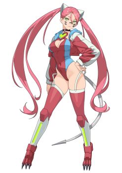 1girl animal_ears black_choker breasts choker clawed_boots claws clothing_cutout commentary commission english_commentary fake_animal_ears fake_claws hand_on_own_hip highleg highleg_leotard highres jewelry kuso_otoko leotard mechanical_tail medium_breasts original pendant pendant_choker pink_hair red_thighhighs smile solo tail tape thighhighs twintails