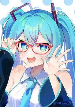 1girl aqua_eyes aqua_hair aqua_nails aqua_necktie aqua_trim artist_request bespectacled blush breasts collared_shirt commentary_request detached_sleeves fuyu_usagi glasses hair_between_eyes hair_ornament hatsune_miku heart heart_in_eye highres long_hair long_sleeves looking_at_viewer medium_breasts necktie open_mouth polka_dot polka_dot_background shirt sleeveless sleeveless_shirt smile solo symbol_in_eye twintails upper_body very_long_hair vocaloid white_shirt wide_sleeves