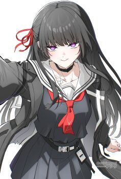 1girl absurdres asiri_senpai black_choker black_hair black_jacket black_serafuku black_shirt black_skirt breasts chisa_(wuthering_waves) choker closed_mouth collarbone commentary hair_ribbon highres jacket long_hair long_sleeves looking_at_viewer medium_breasts mole mole_under_eye neckerchief pink_eyes red_neckerchief red_ribbon ribbon sailor_collar school_uniform serafuku shirt skirt smile solo twitter_username very_long_hair white_sailor_collar wuthering_waves