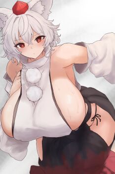 1girl absurdres animal_ears armpits breasts clothing_cutout detached_sleeves dress g-string hanging_breasts hat highres hip_vent huge_breasts inubashiri_momiji leaning_forward looking_at_viewer messy_hair moriforest1040 multicolored_dress no_bra panties pom_pom_(clothes) red_eyes short_hair side-tie_panties sweat thong tokin_hat touhou underwear white_hair wolf_ears wolf_girl