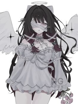 1girl alternate_costume bandage_over_one_eye bare_shoulders black_hair bow choker columbina_(genshin_impact) commentary dress flower frilled_dress frilled_sleeves frills genshin_impact grey_dress hair_bow hair_ribbon halo highres holding holding_flower long_hair multicolored_hair pink_eyes pink_hair puffy_sleeves ribbon rurusorachan solo sparkle symbol-only_commentary two-tone_hair watermark white_background wings