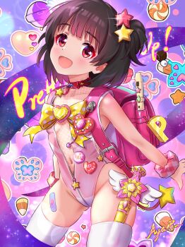1girl :d backpack bag bandaid_on_thigh brown_hair candy candy_corn collar flat_chest flute food hair_ornament heart highres idolmaster idolmaster_million_live! instrument koaya lens_flare loli looking_at_viewer nakatani_iku navel one_side_up open_mouth pink_bag randoseru recorder red_collar red_eyes scrunchie short_hair signature smile solo sparkle star_(symbol) star_hair_ornament thighhighs wand white_thighhighs wrist_scrunchie