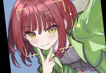 1girl blue_background blunt_bangs blush bow bowtie collared_shirt commentary cowboy_shot dress dutch_angle foreshortening futamihara_ririko green_jacket grey_dress hair_between_eyes hair_ornament hairclip hand_up highres jacket limelight_lemonade_jam long_sleeves looking_at_viewer medium_hair open_clothes open_jacket outstretched_arm parallel_hairclips red_bow red_bowtie red_hair school_uniform selfie shirt simple_background solo split_mouth track_jacket user_rkfr4235 v v_over_mouth viewfinder wavy_mouth white_shirt yellow_eyes