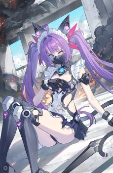Rule 34 | 1girl, absurdres, ahoge, animal ears, apron, armored boots, ass, black dress, black gloves, blue eyes, blush, boots, breasts, commission, covering breasts, covering privates, dress, dutch angle, echj, fake animal ears, frills, gloves, hair ribbon, hand on own chest, highres, knees up, long hair, looking at viewer, maid, maid apron, maid headdress, mask, mechanical hands, mechanical legs, mechanical tail, medium breasts, mouth mask, one eye closed, original, panties, pantyshot, purple hair, ribbon, second-party source, sitting, skirt, smoke, solo, tail, thighhighs, torn clothes, torn dress, twintails, underwear, very long hair, wulala (vtuber)