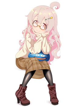 1girl absurdres ahoge bespectacled black_pantyhose boots brown-framed_eyewear brown_boots brown_eyes brown_skirt cable_knit commentary dragon_quest full_body glasses hair_between_eyes hair_ornament hairclip hands_on_own_chin head_rest high_heel_boots high_heels highres jacket light_blush long_hair long_sleeves looking_at_viewer onii-chan_wa_oshimai! oyama_mahiro pantyhose pink_hair plaid_clothes plaid_skirt shiina_excel simple_background sitting skirt slime_(dragon_quest) solo star_(symbol) star_hair_ornament wavy_hair white_background yellow_jacket