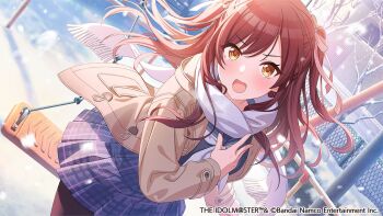 1girl black_pantyhose blue_sailor_collar blue_serafuku blue_shirt blue_skirt blush brown_coat coat commentary_request hair_ribbon idolmaster idolmaster_shiny_colors long_hair long_sleeves looking_at_viewer neckerchief official_alternate_costume official_alternate_hairstyle official_art open_clothes open_coat open_mouth osaki_amana outdoors pantyhose park plaid_clothes plaid_skirt pleated_skirt red_hair ribbon sailor_collar scarf school_uniform serafuku shirt skirt snow solo swept_bangs swing swing_set two_side_up white_neckerchief white_scarf yellow_eyes