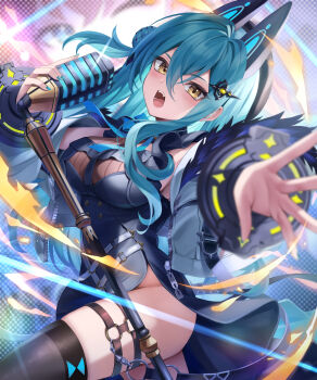 1girl akami770 animal_ears axia_(shadowverse:_worlds_beyond) black_dress black_thighhighs blue_hair blue_nails blurry blush breasts buttons commentary_request cropped_jacket depth_of_field dress fake_animal_ears fang frilled_dress frills fur-trimmed_jacket fur_trim glint hair_between_eyes hair_ornament hat head_tilt highres holding holding_microphone jacket large_breasts light_trail long_hair long_sleeves looking_at_viewer mechanical_ears microphone nail_polish open_mouth outstretched_arm partial_commentary shadowverse shadowverse:_worlds_beyond sidelocks solo stage standing strap teeth thigh_strap thighhighs thighs very_long_hair yellow_eyes zipper zipper_pull_tab