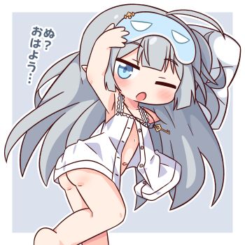 1girl ;o arm_up armpits ass bare_shoulders barefoot blue_eyes blunt_bangs blush border bottomless collarbone commentary_request feet_out_of_frame female_tyrant_(stella_sora) grey_background grey_hair hana_kazari highres jewelry key key_necklace long_hair looking_at_viewer necklace one_eye_closed open_clothes open_mouth open_shirt outline outside_border shirt simple_background sleep_mask sleeveless sleeveless_shirt solo stella_sora translation_request tyrant_(stella_sora) white_border white_outline white_shirt