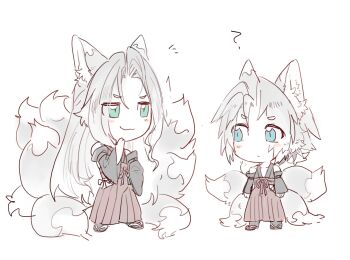 2boys :3 ? age_comparison alternate_costume animal_ears arm_belt black_kimono black_socks blue_eyes blush_stickers chibi chibi_only clothing_cutout commentary_request detached_sleeves final_fantasy final_fantasy_vii final_fantasy_vii_ever_crisis fox_boy fox_ears fox_tail full_body geta green_eyes grey_hair hair_intakes hakama hakama_pants hand_on_own_chin hand_on_own_hip hattouissenbaka height_difference highres hip_vent japanese_clothes kemonomimi_mode kimono kitsune long_bangs long_hair looking_at_another male_focus multiple_boys multiple_tails notice_lines pale_color pants parted_bangs red_pants sephiroth sephiroth_(ever_crisis) short_hair sketch sleeveless sleeveless_kimono slit_pupils socks standing tabi tail time_paradox very_long_hair white_background wide_sleeves
