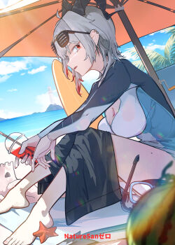 1girl absurdres alternate_costume artist_name bare_legs barefoot beach_umbrella black_horns blue_sky breasts bubble_tea cleavage commentary cup curled_horns day disposable_cup diving_suit drinking_straw ear_piercing eyewear_on_head feet food from_side fruit grey_hair highres holding holding_cup horns large_breasts legs long_hair looking_at_viewer mole mole_on_breast multicolored_hair outdoors parted_lips piercing red_eyes revision ryeon_(naturesan) sand_castle sand_sculpture shutter_shades sideways_glance sitting sky solo starfish streaked_hair surfboard toes umbrella watermelon wuthering_waves zani_(wuthering_waves)