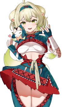 1boy 1girl absurdres ahoge animal animal_ears animal_on_shoulder armor bandaged_arm bandaged_chest bandages bob_cut felyne ferret ferret_ears ferret_girl ferret_tail fishnet_sleeves fishnets gradient_fur gradient_hair gradient_tail green_eyes green_fur green_hair green_nails green_tail hair_between_eyes hairband heart highres hood hood_down indie_virtual_youtuber jewelry laimu_(vtuber) laimu_(vtuber)_(huntress) limon_(laimu) looking_at_viewer midriff midriff_peek monster_hunter_(series) multicolored_fur multicolored_hair multicolored_tail nargacuga_(armor) necklace pink_nails scale_armor short_hair skirt tail thigh_gap thighhighs tooth_necklace tunic two-tone_fur two-tone_hair two-tone_tail upskirt uwu vinesauce virtual_youtuber white_fur white_hair white_tail zen1zen3 zettai_ryouiki