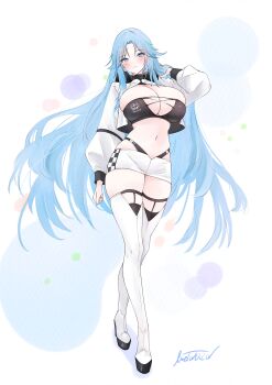 Rule 34 | 1girl, absurdres, alternate costume, azur lane, black panties, blue eyes, blue hair, boots, breasts, cleavage, highleg, highleg panties, highres, large breasts, livetarica, long hair, miniskirt, navel, panties, race queen, shrug (clothing), skirt, sovetskaya belorussiya (azur lane), thigh boots, thighhighs, underwear, very long hair, white skirt