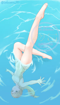 Rule 34 | 1girl, blonde hair, breasts, covered navel, dancing, fire emblem, fire emblem heroes, green eyes, highres, holding breath, leg focus, legs up, long hair, medium breasts, nintendo, one-piece swimsuit, partially submerged, ponytail, pool, ripples, sharena (fire emblem), solo, swimsuit, synchronized swimming, takaneko, upside-down, water, watermark, white one-piece swimsuit