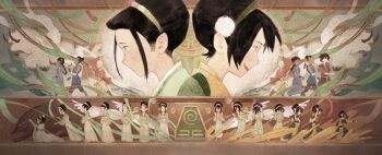 aang avatar:_the_last_airbender avatar_legends bald black_hair coldresss commentary_request frown green_eyes hairband head_tattoo highres katara long_hair mural ponytail short_hair sidelocks sky_bison smile sokka toph_beifong zuko