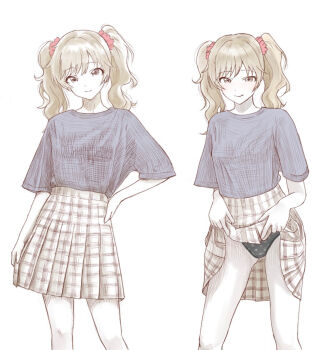 1girl absurdres black_panties blonde_hair blue_shirt clothes_lift commentary_request contrapposto grey_eyes hair_ornament hair_scrunchie hand_on_own_hip head_tilt highres lifting_own_clothes looking_at_viewer multiple_views original panties pleated_skirt polka_dot polka_dot_panties raisu_rice red_scrunchie scrunchie shirt shirt_tucked_in simple_background skirt skirt_lift smile standing t-shirt twintails underwear white_background