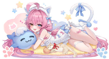 :d ahoge animal_ears animal_hands blue_archive cano852 cat cat_ears cat_paws cat_tail dress heart heterochromia highres hoshino_(blue_archive) legs long_hair open_mouth pink_hair ribbon smile star_(symbol) stuffed_whale tail twintails white_dress