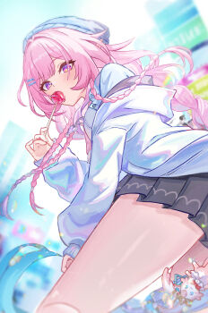 1girl black_skirt blue_hat blue_jacket commentary_request cyrene_(honkai:_star_rail) cyrene_(nylon_japan)_(honkai:_star_rail) cyrene_(ripples_of_past_reverie)_(honkai:_star_rail) diamond-shaped_pupils diamond_(shape) hat highres honkai:_star_rail honkai_(series) jacket lollipop_in_mouth long_hair madopen mem_(honkai:_star_rail) official_alternate_costume pink_hair purple_eyes skirt solo symbol-shaped_pupils thighs very_long_hair