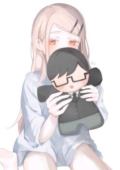 1boy 1girl :o black_hair black_jacket black_necktie blonde_hair blush character_doll chibigurumi colored_eyelashes commentary_request covering_face doll dress_shirt feet_out_of_frame gakuen_idolmaster green_pants hair_ornament hairclip hands_up highres holding holding_doll idolmaster jacket long_hair looking_at_viewer naked_shirt necktie open_mouth orange_eyes pants parallel_hairclips producer_(idolmaster) rectangular_eyewear semi-rimless_eyewear shinosawa_hiro shirt short_hair simple_background sitting suit_jacket swept_bangs under-rim_eyewear wariza white_background white_shirt xfizenn