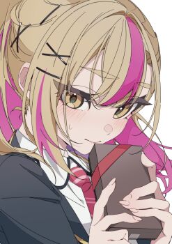 Rule 34 | 1girl, 2sami 06, black jacket, blazer, blonde hair, close-up, closed mouth, commentary request, gift, hair ornament, hairclip, high ponytail, highres, holding, holding gift, jacket, laugh diamond, looking at viewer, multicolored hair, necktie, open clothes, open jacket, pink hair, ponytail, red necktie, shine post, shirt, solo, sweatdrop, takamura hibiki, upper body, white background, white shirt