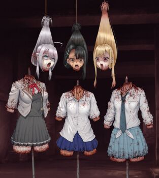 3girls ahoge alisa_mikhailovna_kujou amputee bad_end black_hair blonde_hair blood blood_on_clothes blood_on_face blue_eyes bow crying crying_with_eyes_open dark-skinned_female dark_skin death decapitation dismemberment dungeon guro hair_ornament hair_ribbon hairclip highres ijiranaide_nagatoro-san kitagawa_marin long_hair multiple_girls nagatoro_hayase necktie open_mouth orange_eyes pink_eyes quadruple_amputee red_bow ribbon school_uniform severed_head sidelocks skewer skirt sono_bisque_doll_wa_koi_wo_suru suspension tears tokidoki_bosotto_roshia-go_de_dereru_tonari_no_alya-san tongue white_hair