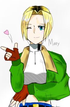 Rule 34 | 1girl, artist request, belt, black belt, blonde hair, blowing kiss, blue eyes, blue mary, blue pants, breasts, character name, closed mouth, fatal fury, fatal fury: city of the wolves, female focus, green jacket, jacket, large breasts, midriff, one eye closed, pants, simple background, snk, solo, white background, wink