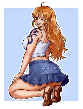 1girl alternate_costume bare_arms bare_legs bare_shoulders blue_background blue_skirt border breasts brown_eyes brown_sandals camisole commentary cropped_shirt earrings english_commentary frilled_skirt frills from_behind full_body hand_on_own_thigh highres jewelry large_breasts long_hair looking_at_viewer looking_back miniskirt nami_(one_piece) one_eye_closed one_piece open_mouth orange_hair outside_border sandals shoulder_tattoo skirt skypieazoro solo spaghetti_strap squatting tattoo wavy_hair white_border white_camisole