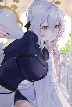 Rule 34 | 1girl, absurdres, ahoge, alternate costume, animal ears, blue jacket, blurry, blurry background, breasts, closed mouth, commentary, cowboy shot, cup, double-parted bangs, edge ill, food, food on face, grey eyes, grey hair, hair between eyes, highres, holding, holding saucer, hololive, jacket, large breasts, lion ears, lion girl, long hair, looking at viewer, saucer, shishiro botan, solo, symbol-only commentary, virtual youtuber