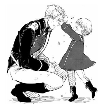 2boys aged_down arms_up axis_powers_hetalia blush boots brothers buttons child closed_eyes commentary_request epaulettes flower full_body germany_(hetalia) gloves happy head_wreath jacket long_sleeves looking_at_another male_focus military military_jacket military_uniform monochrome multiple_boys open_mouth pants petals prussia_(hetalia) sash shadow short_hair siblings simple_background smile squatting standing standing_on_one_leg tatumin13