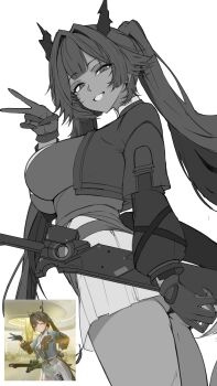 1girl absurdres alternate_breast_size_(larger) arknights arknights:_endfield breasts chen_qianyu_(arknights) commentary_request cowboy_shot cropped_jacket dragon_girl dragon_horns dragon_tail eastern_dragon_horns eastern_dragon_tail gloves greyscale highres horns jacket large_breasts long_hair long_sleeves looking_at_viewer looking_down monochrome open_clothes open_jacket open_mouth reference_inset smile solo sword tail teeth thighs tobildesu unfinished v weapon