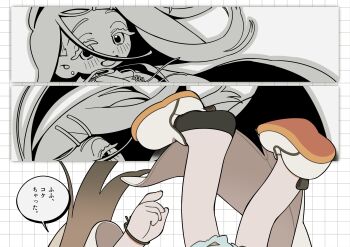 1girl absurdres black_socks blush bracelet brown_coat brown_hair camisole coat commentary_request cutoffs earrings falling floating_hair gakuen_idolmaster grid_background grin hair_ornament hairclip highres idolmaster jewelry long_hair long_sleeves looking_at_viewer multiple_views nankai_(nankai_san) out_of_frame partially_colored sequential shinosawa_hiro shoe_dangle shoes short_shorts shorts smile socks speech_bubble stud_earrings swept_bangs thick_eyelashes translation_request white_background white_shoes