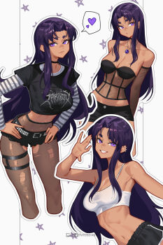 1girl armpits arms_behind_back artist_name bare_arms bare_shoulders belt black_bra black_choker black_shirt black_shorts black_straps blackfire bra breasts choker cleavage collarbone commentary cropped_shirt curtained_hair dc_comics detached_sleeves dot_nose ear_piercing english_commentary feet_out_of_frame hand_up hands_on_own_hips heart highres horizontal-striped_sleeves inhoso instagram_logo jewelry large_breasts leaning leaning_forward leaning_to_the_side long_hair long_sidelocks looking_at_viewer looking_to_the_side midriff midriff_peek multiple_views navel necklace outline pantyhose patreon_logo piercing punk purple_eyes purple_hair see-through_clothes see-through_sleeves shirt short_shorts shorts sidelocks silver_belt simple_background smile speech_bubble standing star_(symbol) stomach strap striped_sleeves teen_titans teeth thick_eyebrows thigh_strap torn_clothes torn_pantyhose twitter_logo underwear white_background white_bra white_outline