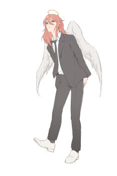 1boy absurdres angel angel_devil_(chainsaw_man) angel_wings black_jacket black_necktie black_pants black_socks chainsaw_man collared_shirt commentary_request full_body hair_between_eyes halo highres jacket long_hair looking_at_viewer male_focus necktie pants qiaokeli_bandao red_eyes shirt shoes simple_background socks solo standing traditional_halo white_background white_shirt white_shoes white_wings wings
