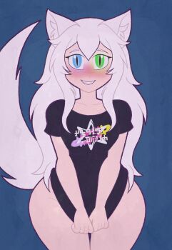 1girl breasts collarbone commentary commission english_commentary heterochromia highres kinggargantuas long_hair looking_at_viewer no_panties no_pants open_mouth original print_shirt shirt short_sleeves smile solo thick_thighs thighs variant_set very_long_hair ych_commission