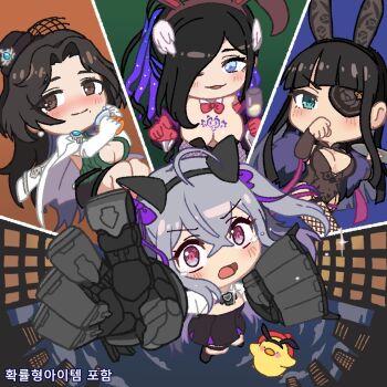 Rule 34 | 4girls, ahoge, alcohol, animal ears, bird, black dress, black hair, blue eyes, blush, blush stickers, bow, bowtie, breasts, brown dress, brown dust (series), brown dust 2, brown eyes, brown hair, brown hat, celia (brown dust), champagne, chest tattoo, cityscape, cleavage, closed mouth, colored inner hair, covering own mouth, crying, crying with eyes open, cup, diana (brown dust), dress, drinking glass, drunk, duck, eclipse (brown dust), eclipse (nightmare bunny) (brown dust), elbow gloves, eyebrows hidden by hair, eyepatch, fake animal ears, falling, fishnet thighhighs, fishnets, flat chest, floral print, full-face blush, full body, gloves, green dress, grey hair, hair between eyes, hair over one eye, hat, holding, holding cup, jacket, jacket on shoulders, korean text, large breasts, long hair, looking at viewer, mascot, mechanical arms, mini hat, mole, mole under mouth, multicolored hair, multiple girls, official art, open mouth, paneled background, pink bow, pink bowtie, pink gloves, playboy bunny, purple eyes, purple hair, red hat, rou (brown dust), second-party source, shrug (clothing), sitting, smile, tattoo, tears, thighhighs, two-tone dress, two-tone hair, very long hair, white jacket, wine glass