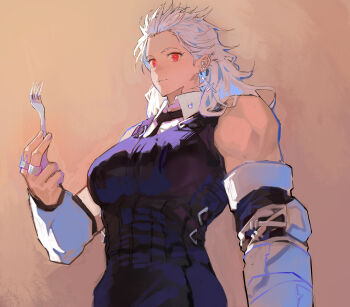 1girl absurdres black_necktie breasts collared_shirt commentary dorohedoro earrings english_commentary fork highres holding holding_fork inverted_cross_earrings jewelry long_hair muscular muscular_female necktie noi_(dorohedoro) park_ongjol red_eyes ring shirt solo tall_female white_hair