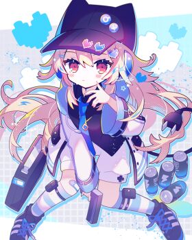 1girl bandaid bandaid_on_knee bandaid_on_leg baseball_cap black_hat black_shirt black_shoes blue_socks blush can commentary_request electric_plug frown full_body hair_between_eyes hand_up hat heart highres holding holding_toy kneehighs lightning_bolt_symbol long_hair long_sleeves necktie original pink_hair saijo1201 shin_strap shirt shoes shorts sitting sneakers socks solo striped_clothes striped_socks suitcase sweat thighhighs toy toy_gun two-tone_legwear white_shorts white_socks