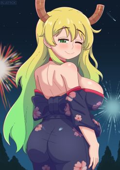 1girl absurdres ass back bare_shoulders bareback black_kimono blonde_hair bluefrok blush breasts cleavage female_focus fireworks green_eyes green_hair highres horns japanese_clothes kimono kobayashi-san_chi_no_maidragon large_breasts looking_at_viewer looking_back lucoa_(maidragon) night one_eye_closed outdoors shiny_skin sideboob sky smile solo standing unusually_open_eyes wink