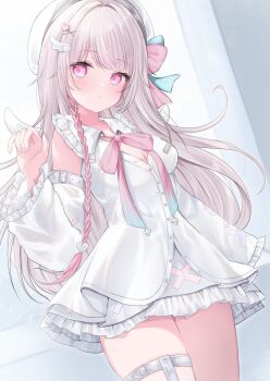 1girl blush braid breasts cleavage_cutout clothing_cutout commission detached_sleeves dress feather_hair_ornament feathers frilled_dress frills garter_straps grey_hair hair_ornament hair_ribbon hairclip hat highres kurage_cc long_hair looking_at_viewer medium_breasts multicolored_hair original pink_eyes pink_hair red_ribbon ribbon skeb_commission solo two-tone_hair white_dress white_hat wide_sleeves