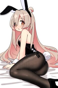 Rule 34 | 1girl, :o, absurdres, ahoge, alternate costume, animal ear hairband, animal ears, ass, bare arms, bare shoulders, black leotard, black shoes, blush, breasts, brown eyes, commentary, eyes visible through hair, fake animal ears, fishnet pantyhose, fishnets, genderswap, genderswap (mtf), hair between eyes, hair spread out, hairband, high heels, highres, leotard, long hair, looking at viewer, onii-chan wa oshimai!, oyama mahiro, pantyhose, pink hair, playboy bunny, rabbit tail, shoes, simple background, small breasts, solo, strapless, strapless leotard, tail, tsubatya, white background, wrist cuffs