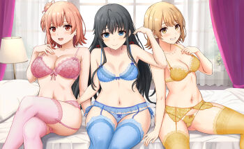 Rule 34 | 3girls, absurdres, bed, bedroom, black hair, blonde hair, blue bra, blue eyes, blue panties, blue thighhighs, blush, bow, bow bra, bow panties, bra, breasts, cameltoe, cleavage, closed mouth, collarbone, crossed legs, curtains, frilled garter belt, garter belt, gluteal fold, hair bun, hair ribbon, hand on own chest, hand up, highres, inanaki shiki, indoors, invisible chair, isshiki iroha, lace, lace-trimmed bra, lace-trimmed thighhighs, lace thighhighs, lace trim, lamp, lingerie, long hair, looking at viewer, medium breasts, multiple girls, navel, on bed, open mouth, orange eyes, orange hair, panties, pillow, pink bra, pink panties, pink thighhighs, red ribbon, ribbon, short hair, side-tie panties, single hair bun, single side bun, sitting, small breasts, smile, solo, spread legs, string panties, thighhighs, thighs, underwear, underwear only, yahari ore no seishun lovecome wa machigatteiru., yellow bra, yellow eyes, yellow panties, yellow thighhighs, yuigahama yui, yukinoshita yukino
