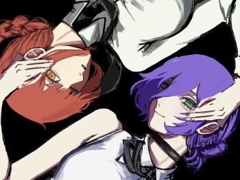 2girls black_choker black_ribbon braid braided_ponytail chainsaw_man choker closed_mouth commentary_request green_eyes highres light_smile makima_(chainsaw_man) multiple_girls neck_ribbon purple_hair red_hair red_pupils reze_(chainsaw_man) ribbon ringed_eyes shirt sleeveless sleeveless_shirt unfinished user_traa3358 white_shirt yellow_eyes