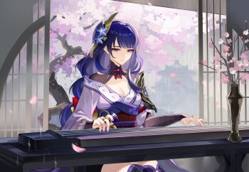 1girl architecture armor asymmetrical_sleeves back_bow black_thighhighs blunt_bangs blurry blurry_background bow braid bridal_gauntlets cherry_blossoms chinese_commentary closed_mouth clothing_cutout commission duplicate east_asian_architecture eyeliner falling_petals fan_hair_ornament flower flower_ornament genshin_impact grey_sky hair_ornament highres indoors instrument japanese_clothes kimono long_braid long_hair looking_at_object looking_down makeup mole mole_under_eye multicolored_hair music neck_ribbon off_shoulder petals pink_petals playing_instrument playing_piano purple_eyes purple_flower purple_kimono purple_nails raiden_shogun rain red_eyeliner red_ribbon red_sash ribbon sad sash second-party_source shade shoulder_armor shoulder_cutout single_braid sitting sky solo streaked_hair thighhighs thighs tree uneven_sleeves vase watermark wide_sleeves xuanjilingzhu