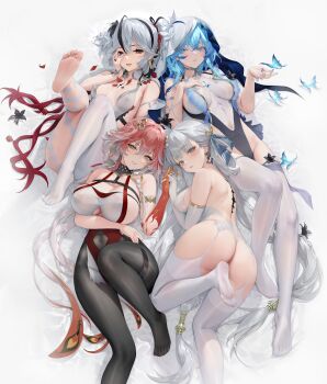4girls absurdres ahoge alternate_costume arm_under_breasts ass asymmetrical_clothes bare_shoulders black_eyes black_flower black_pantyhose black_ribbon blake_bloom_(wuthering_waves) blue_butterfly blue_eyes blue_hair blue_nails blue_veil blush bow braid breasts bug butterfly camellya_(wuthering_waves) changli_(wuthering_waves) collar colored_extremities colored_eyelashes commentary_request covered_navel earrings elbow_gloves feather_hair feet flower flower_on_chest foot_up garter_belt gloves gold_earrings groin hair_between_eyes hair_extensions hair_flower hair_intakes hair_ornament hair_ribbon hair_spread_out hair_vines haku89 hand_grab hand_on_own_chest hand_on_own_face highres huge_breasts insect jewelry jinhsi_(wuthering_waves) large_breasts leotard long_hair looking_at_viewer lying md5_mismatch medium_breasts multicolored_hair multiple_girls nail_polish no_shoes on_back paid_reward_available pants pantyhose parted_lips pink_hair red_hands red_ribbon resolution_mismatch ribbon ring_hair_extensions shorekeeper_(wuthering_waves) single_pantsleg smile soles source_smaller tacet_mark_(wuthering_waves) thighhighs thighs toes twin_braids two-tone_hair two-tone_veil two_side_up veil very_long_hair white_bow white_collar white_eyelashes white_eyes white_garter_belt white_gloves white_hair white_pants white_thighhighs white_veil wuthering_waves yellow_eyes